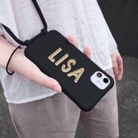 iPhone 15/14/13/12/11/SE3 客製化 英文字母 黑色 二合一 防摔背繩手機殼-B字型